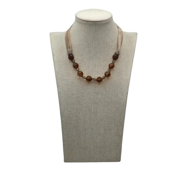 Vintage Amber Glass Faceted Bead Necklace with Velvet Ribbon Tie - Picture 7 of 8